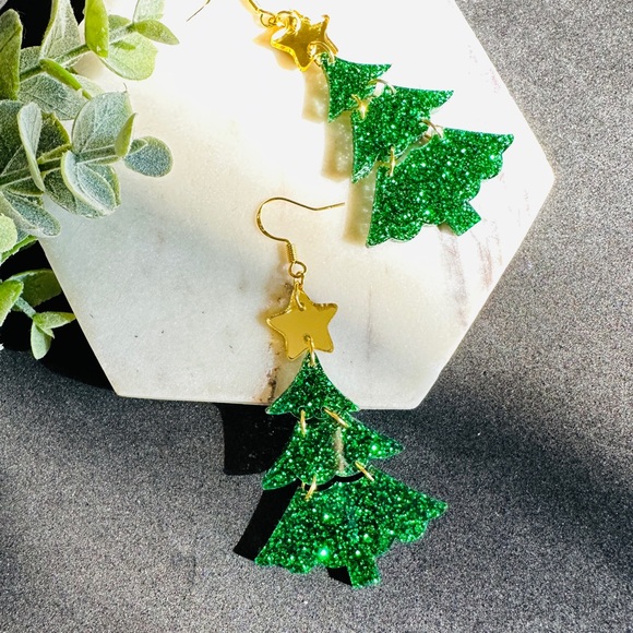 Christmas Tree earrings dangling Gold Star - Picture 4 of 6